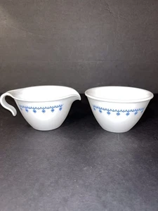 Corelle SNOWFLAKE GARLAND BLUE Hooked Handle Creamer and Sugar Bowl Set - Picture 1 of 12