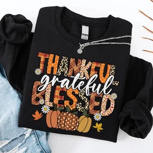 Thankful Grateful Blessed Sweatshirt - Thankful Fall Pumpkin Shirt Style - Picture 1 of 5
