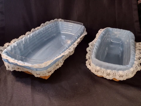 2 Cracker Baskets W/ Blue Liner Longaberger Signed TAG and ?? MINT Vintage 1987 Cover