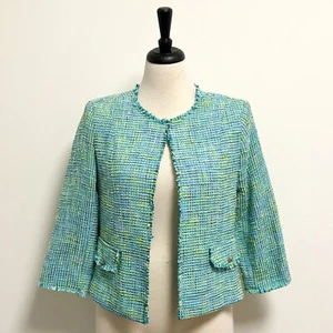 Eric Signature Scuba Blue Green Tweed 3/4 Sleeve Short Blazer NWT 8 Frayed Trim - Picture 1 of 9