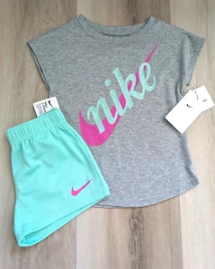 Nike T-Shirt & Shorts Set Girls Size 6 NWT Pink Fuchsia/Green 2-Piece Outfit - Picture 1 of 4