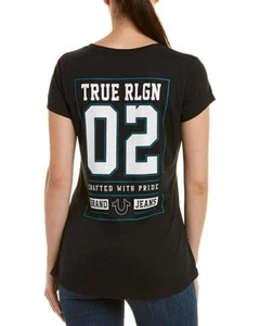 True Religion Women's TR 02 Deep V-Neck Shirttail Tee T-Shirt in Black - Picture 1 of 2