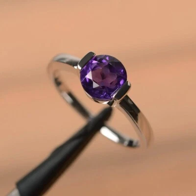 Amethyst Solitaire Women Ring Natural Gemstone 925 Sterling Silver Dainty Ring - Image 1 of 4