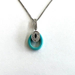 Small Sleeping Beauty Turquoise Pendant with Diamonds set in 14K White Gold - Picture 1 of 7