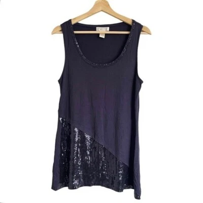 Kenar Women’s Large Tank Top Blue Sequins Casual Loose Fit Scoop Neck Stretch — 第 1/4 张图片