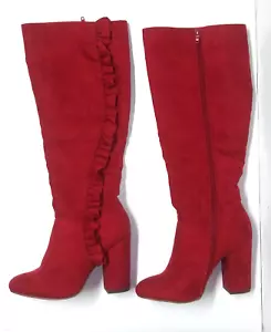 Women’s Red Tall boots vegan leather US 5.5 UK 3.5 ruffled ZIP high heels NIKKI - Picture 1 of 10