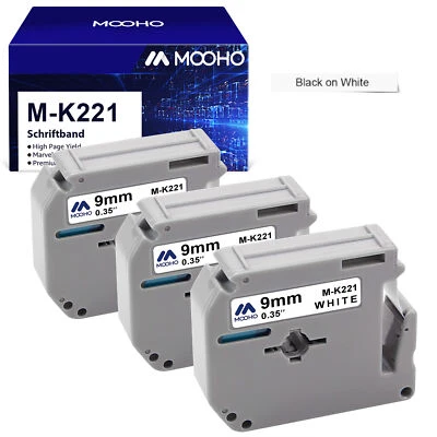 MOOHO 3x M-K221 9mm Schriftband für Brother P-Touch 60 65 75 80 85 90 Schwarz auf Weiß