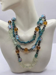 Handwerklich gefertigte Lampwork Perlen Halskette mit Edelstein & Quasten Wickel 43" + 3" - Bild 1 von 11