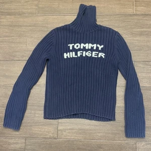 VTG Tommy Hilfiger Cable Knit Turtleneck Women's Size Large Navy Blue Sweater - Picture 1 of 5
