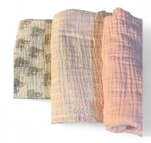 Piccolo Bambino Lot Of 3 Baby Girl Cotton Muslin Blankets 48”x44” Swaddle Pink - Picture 1 of 4