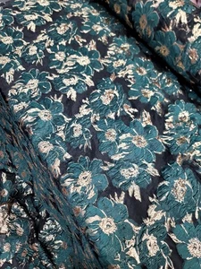 Hunter Green Gold Floral Metallic Brocade Fabric Sold By The Yard Black Organza - Picture 1 of 13