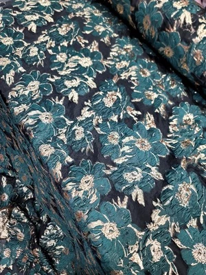 Hunter Green Gold Floral Metallic Brocade Fabric Sold By The Yard Black Organza  - Image 1 of 4