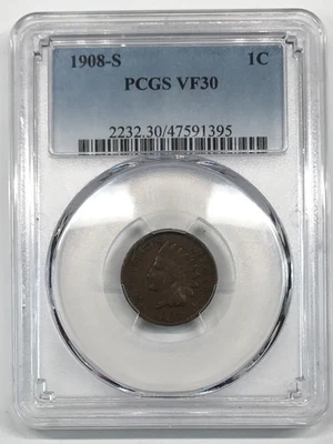 1908 S Indian Head Cent PCGS VF-30 BN - Image 1 of 3
