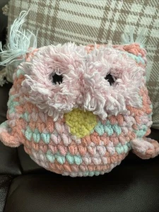 handmade crochet stuffed OWL 8 Inches Tall 9 Inches Wide Pink And Turqoise - Picture 1 of 6