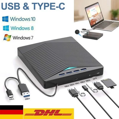 USB 3.0 Externes CD/DVD Laufwerk Brenner Player mit Type C für Laptop PC Schwarz - Bild 1 von 4