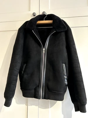 Mens Zara faux  seude black bomber jacket, size L . Faux fur lining and collars. - Image 1 of 4