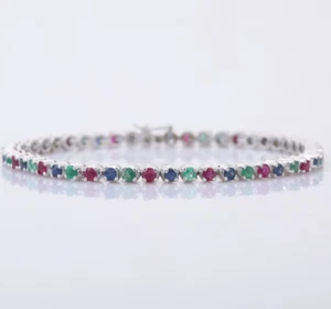 Natural Emerald Blue Sapphire Ruby Gemstone 925 Solid Sterling Silver Bracelet - Picture 1 of 6