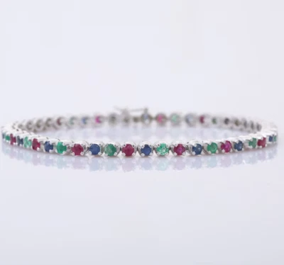 Natural Emerald Blue Sapphire Ruby Gemstone 925 Solid Sterling Silver Bracelet - Image 1 of 4