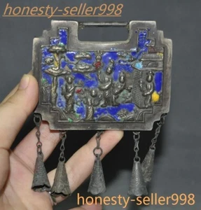 China Tibetan silver Cloisonne ancient people text statue Safety lock Pendant - Picture 1 of 7
