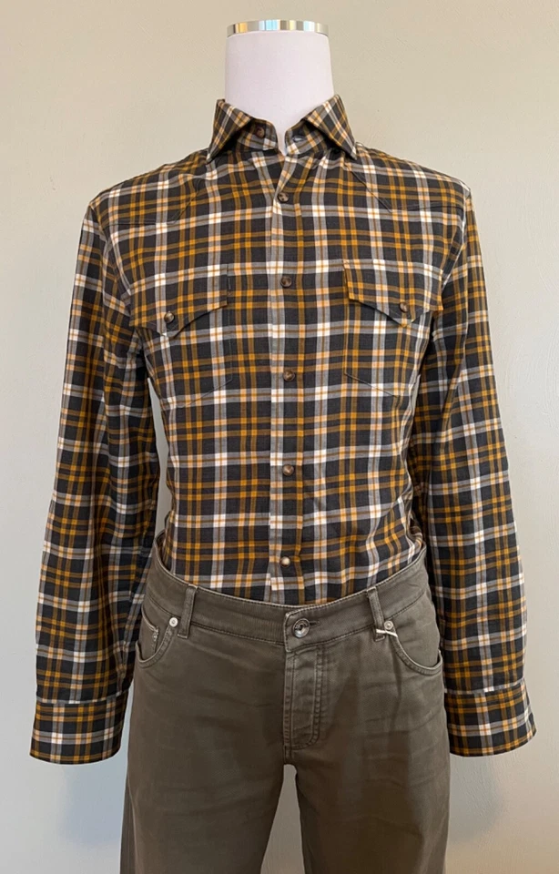 Brunello Cucinelli Mens Madras Flannel Button-Down Western Shirt Size Large - Image 1 of 4