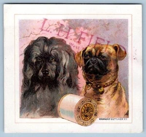 TARJETA COMERCIAL VICTORIANA DE 1880 PERRO PUG PELUDO PERRO NEGRO J&P ABRIGOS HILO - Imagen 1 de 2