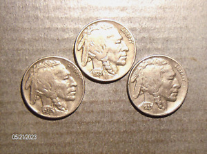 1935, '36 & '37 Buffalo Nickels VF/XF, circulated, Philly mint, US Nickels  W20