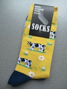 Black & White Friesian Cow Socks Yellow Background / 1 Pair Size M 