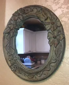 Ceramic Antiqued Look Oval Mirror Light Brown w Dusting Of Green Floral 11”x13” - Picture 1 of 9