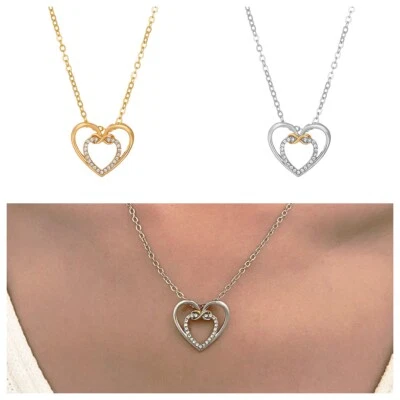 Collana Pendente A Cuore Doppio Abbraccio In Argento 925 Placcato Regalo Amore - Immagine 1 di 4