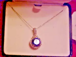 TANZANITE SILVER PENDANT, ROUND FACET CUT STONE ON 18 INCH .925 SILVER CHAIN/BOX - Picture 1 of 4