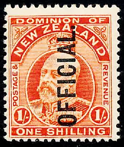 NZ, EDWARD VII, 1/- ORANGE-VERMILLION, 1910, OFFICIAL, UHM, CAT $600 - Picture 1 of 2
