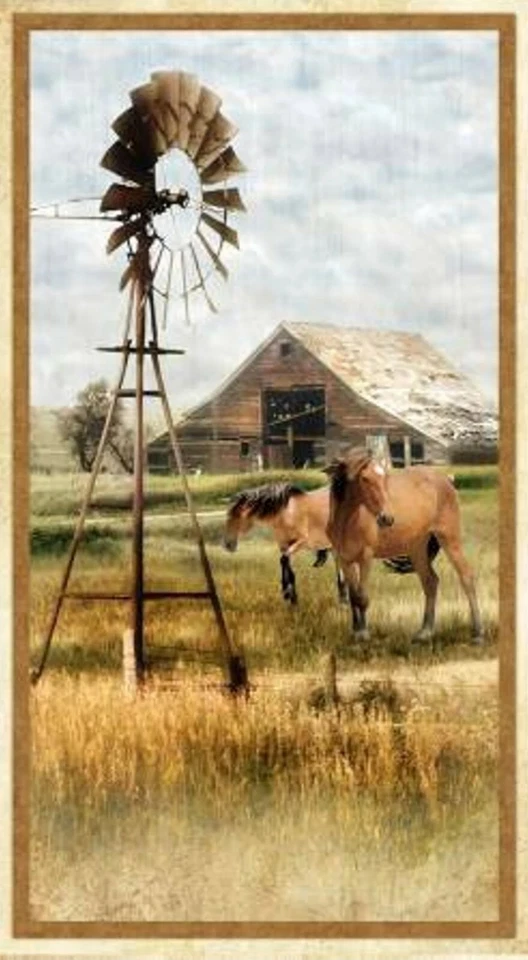 Greener Pastures Brown Wild Horses Cotton Quilt Fabric Panel 24 x 43 - Image 1 of 1