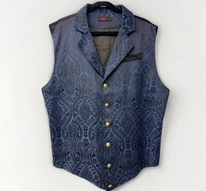 Vatpave Men XXL Brocade Vest Button Point Blue Black Floral Victorian Steampunk - Picture 1 of 7