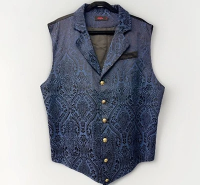 Vatpave Men XXL Brocade Vest Button Point Blue Black Floral Victorian Steampunk - Image 1 of 4