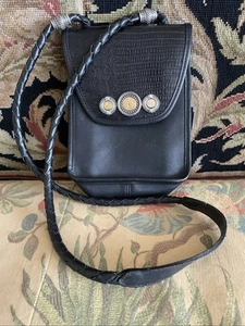 BRIGHTON Black Woven Strap Leather Crossbody Vintage Festival Mini Bag - Picture 1 of 24