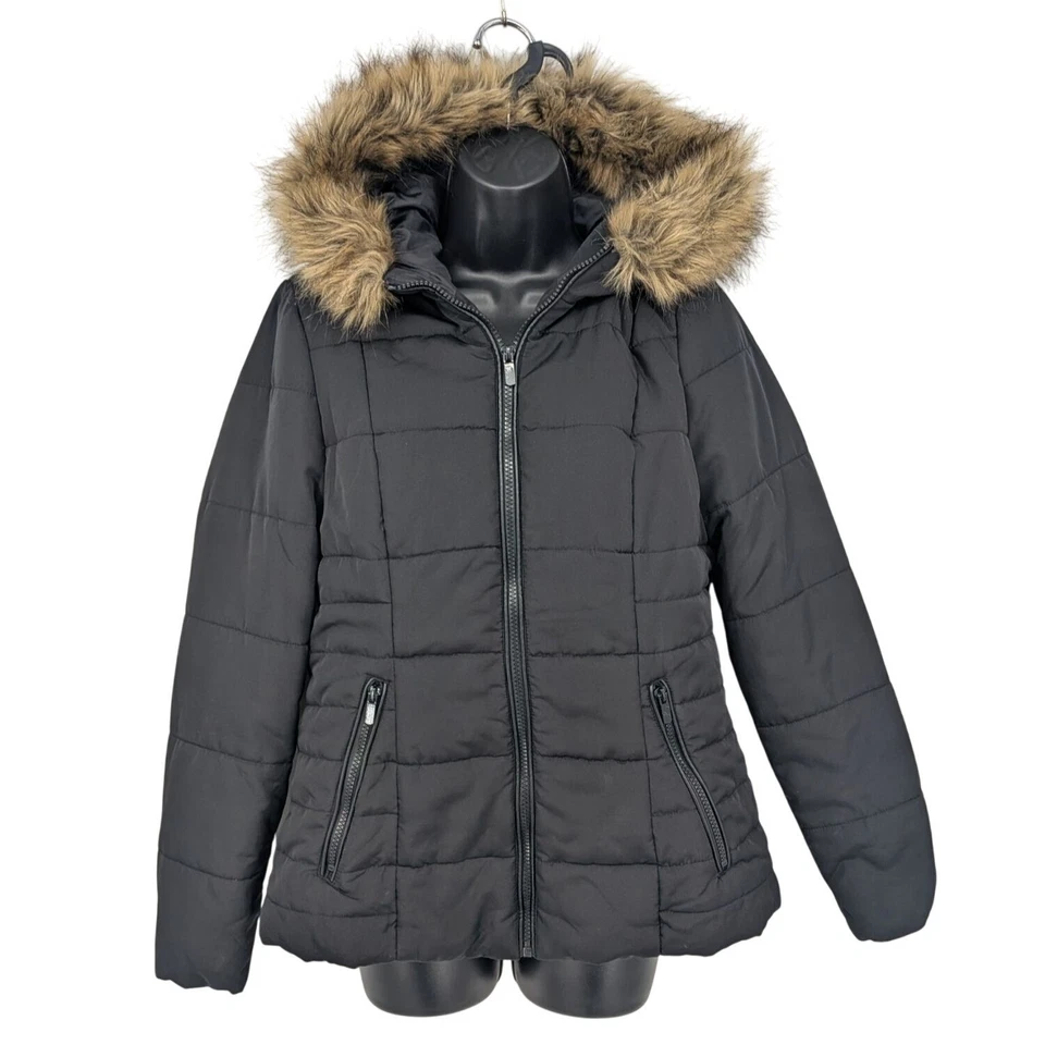 Abrigo chaqueta acolchada con capucha ribete de piel sintética rosa celebridad para mujer talla M Y2K exterior Foto 1 de 4