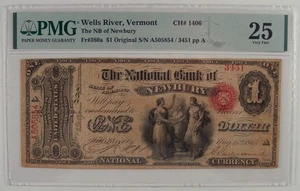 1865 Fr. 380a $1 Original Wells River, Vermont National Bank of Newbury PMG 25 - Picture 1 of 3
