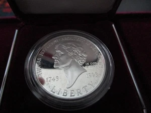 1993-S US $1 Silver Proof Coin Thomas Jefferson commemorative coin in box & COA - Picture 1 of 9