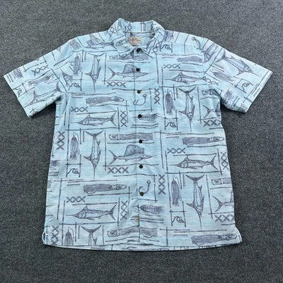 Quiksilver Waterman Shirt Mens Medium Blue Fish Hawaiian Button Up Comfort Fit - Image 1 of 4