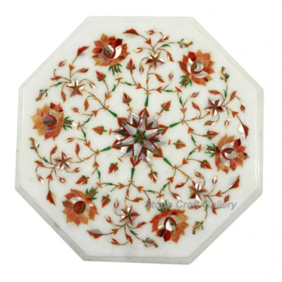 12" Marble Corner Table Semi Precious Stones Work Inlay Home Decor - Image 1 of 3