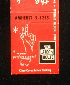 Libro de fósforos The Steak House 4041 North Central Phoenix AZ Maricopa Co de la década de 1950 - Imagen 1 de 1