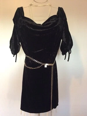 Vestido Terciopelo Negro Talla 8 Nuevo Con Etiqueta Manga Corta Corbata Diseñador Foto 1 de 4