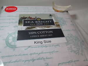 New Checkers LLC Sea Bright Inn SHIP WHEELS Blue King Sheet Set ~ Coral, Compass