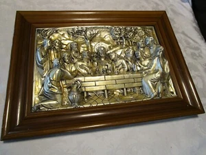 Vintage Wall Art LAST SUPPER 3D Metal Relief framed Repousse silver plate 21.5"W - Picture 1 of 10
