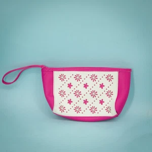 Vera Bradley Flowerlines Pink White Floral Laser Cut Zip Clutch Wristlet Bag - Picture 1 of 5