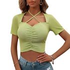 Stylish V Neck Lace Up Crop Tops for Women's Short Sleeve Summer T Shirts
