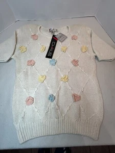 Chaus Ivory Knit Floral Appliqué SS Pullover Sweater New Vintage - Bild 1 von 13
