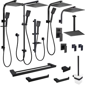KYLINS Black Square Twin Shower Head Arm Set Mixer Tap Towel Rack Roll Holder - Picture 1 of 79