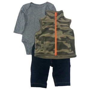 Carters Infant Boys Camo Baby Outfit Gray Bodysuit Camoflauge Vest & Pant Set 3M - Picture 1 of 2