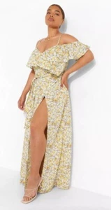 Boohoo Size 18 Yellow Woven Floral Cold Shoulder Maxi Dress - Picture 1 of 9